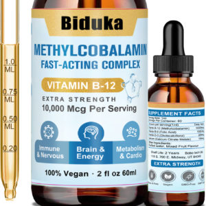 Biduka 10,000mcg Vitamin B12 Sublingual Liquid Drops, Unique Formula with D3, B9(Folic Acid), Calcium, Support Energy, Heart, Mood, Brain, Immune System, Vegetarian, Non-GMO & Gluten Free