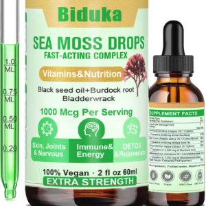 Biduka 1000mg Irish Sea Moss Liquid Drops, Black Seeds Oil, Bladderwrack, Burdock Root, Vitamin C and Zinc, 98 Essential Minerals Seamoss Supplement for Immune, Joint, Digestion, Aging Support