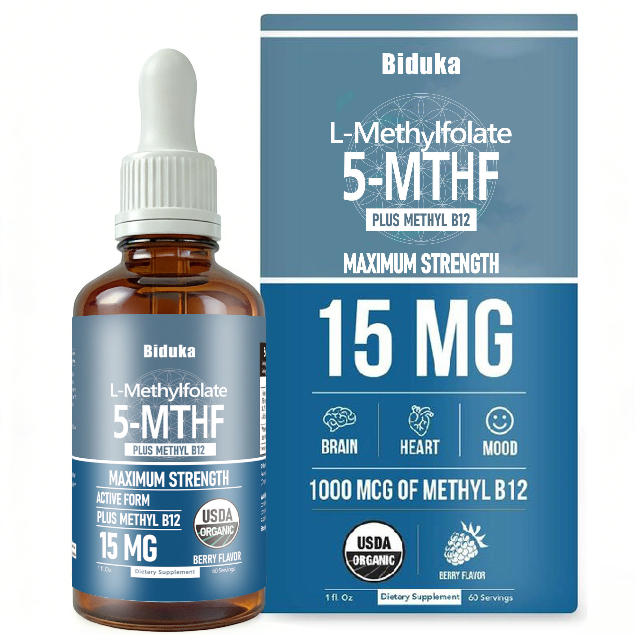 Biduka Organic L-Methylfolate 15 mg + Methyl B12 1000mcg Liquid Drops-60 Servings