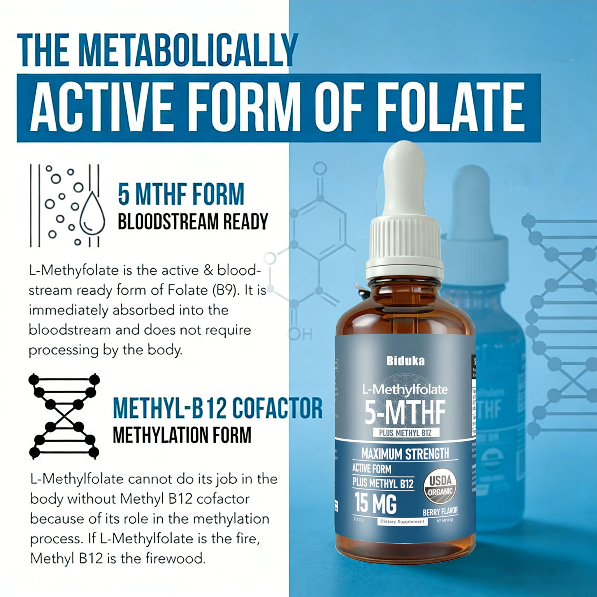 Biduka Organic L-Methylfolate 15 mg + Methyl B12 1000mcg Liquid Drops-60 Servings - Image 6