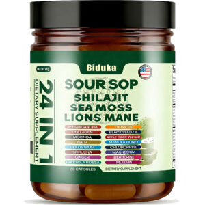 Biduka 24-in-1 Soursop Capsules with Shilajit, Sea Moss, Lions Mane, Ashwagandha, Elderberry, Vitamin C, D3 & Magnesium | 20:1 Extracts | Daily Wellness Support for Adults | Non-GMO