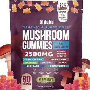 Biduka Organic Functional Mushroom Gummies with Ashwagandha | 2500MG | 20% More Gummies | Vegan, Gluten-Free, Non-GMO | 80 Count