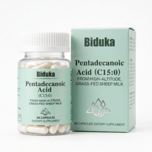 Biduka Pentadecanoic Acid C15:0 300mg Capsules Grass-Fed Sheep Milk Supplement Bottle and Box
