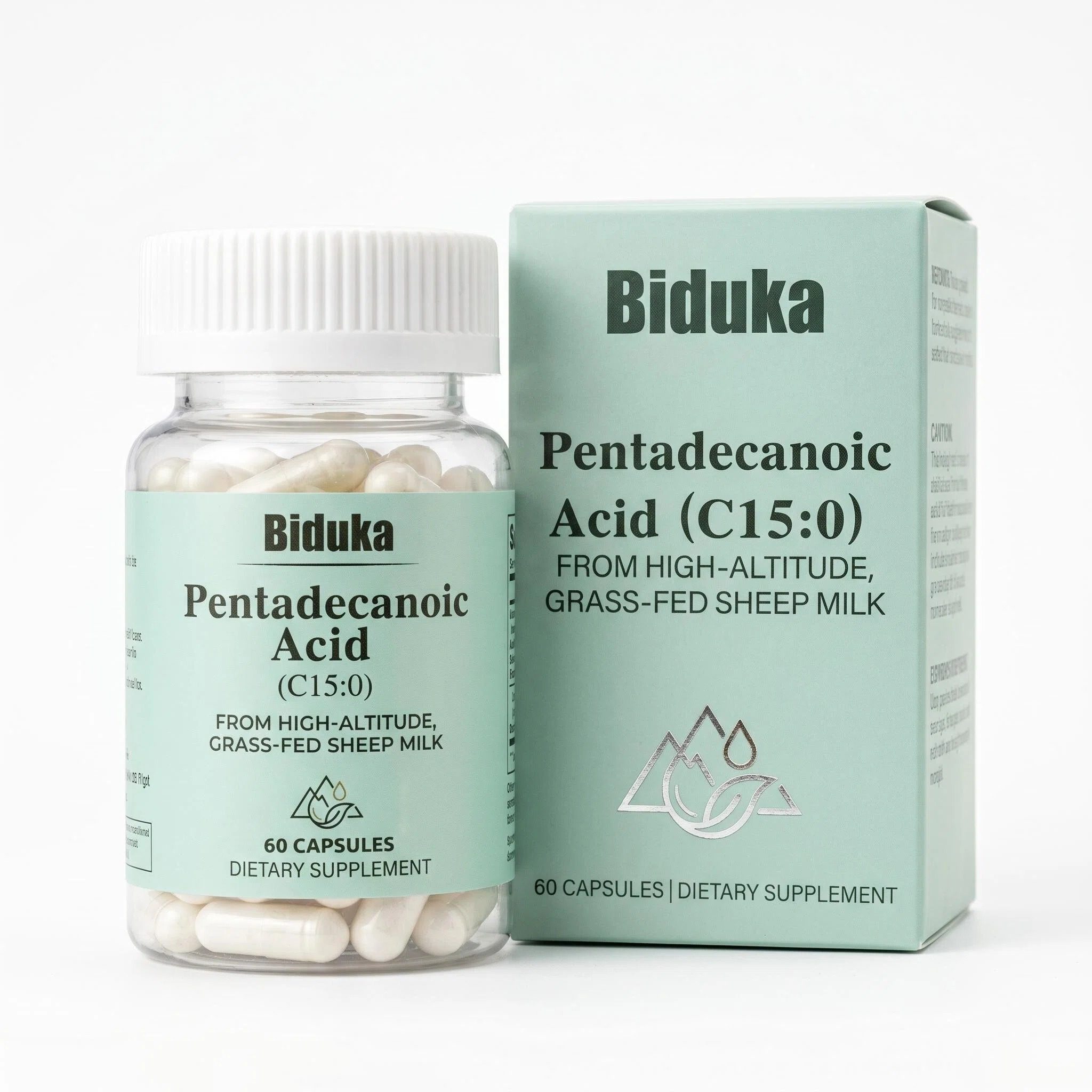 Biduka Pentadecanoic Acid C15:0 300mg Capsules Grass-Fed Sheep Milk Supplement Bottle and Box